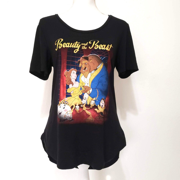 Disney Womens SIZE M Beauty & The Beast Black Blouse Top Round Hem Short Sleeve - Picture 1 of 10